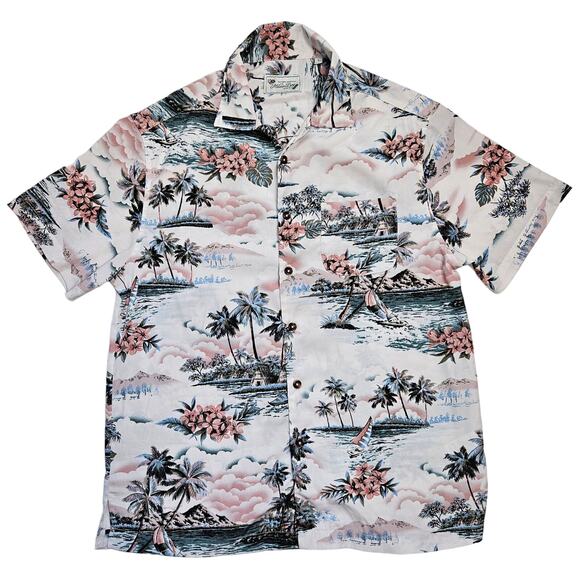 Mens Milano Bay Hawaiian Tropical Vacation Button Up Sz Small Peached Polyester - Picture 1 of 14